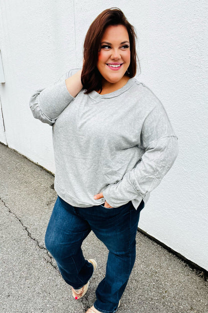 Heather Grey Drop Shoulder Bubble Sleeve Outseam Top