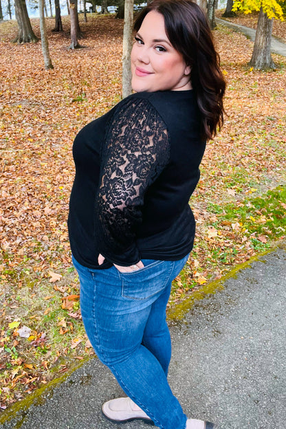 Black Hacci Floral Lace Bubble Sleeve Top