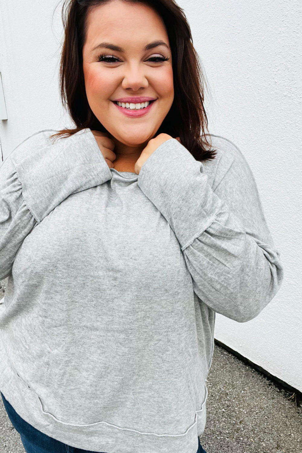 Heather Grey Drop Shoulder Bubble Sleeve Outseam Top