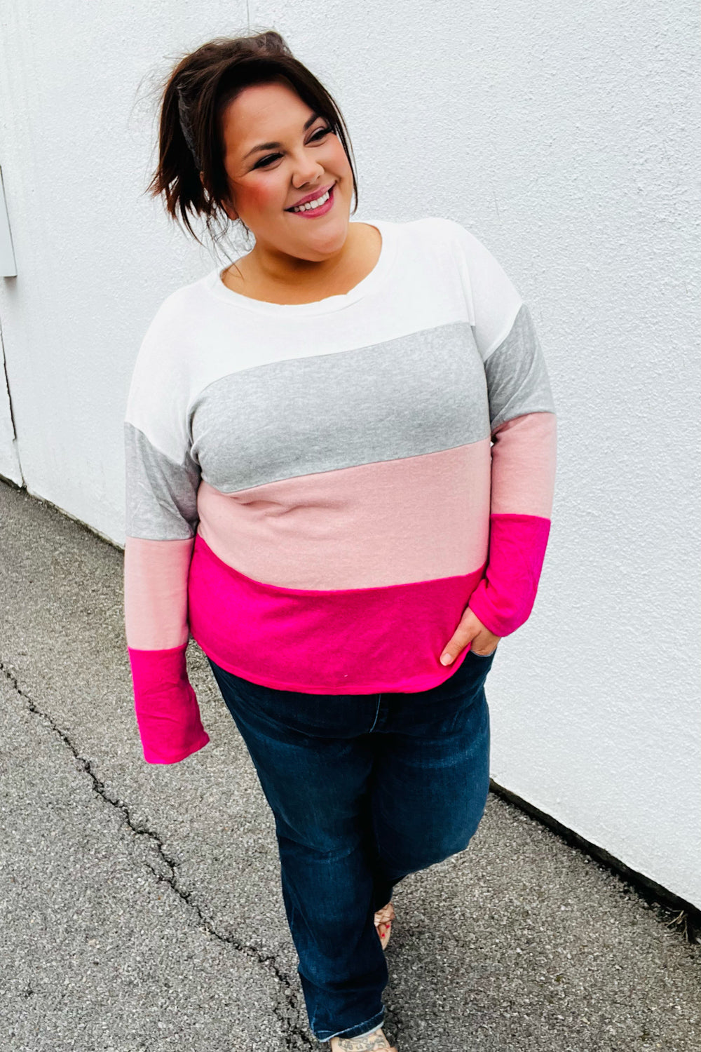 Ivory & Fuchsia Color Block Hacci Top