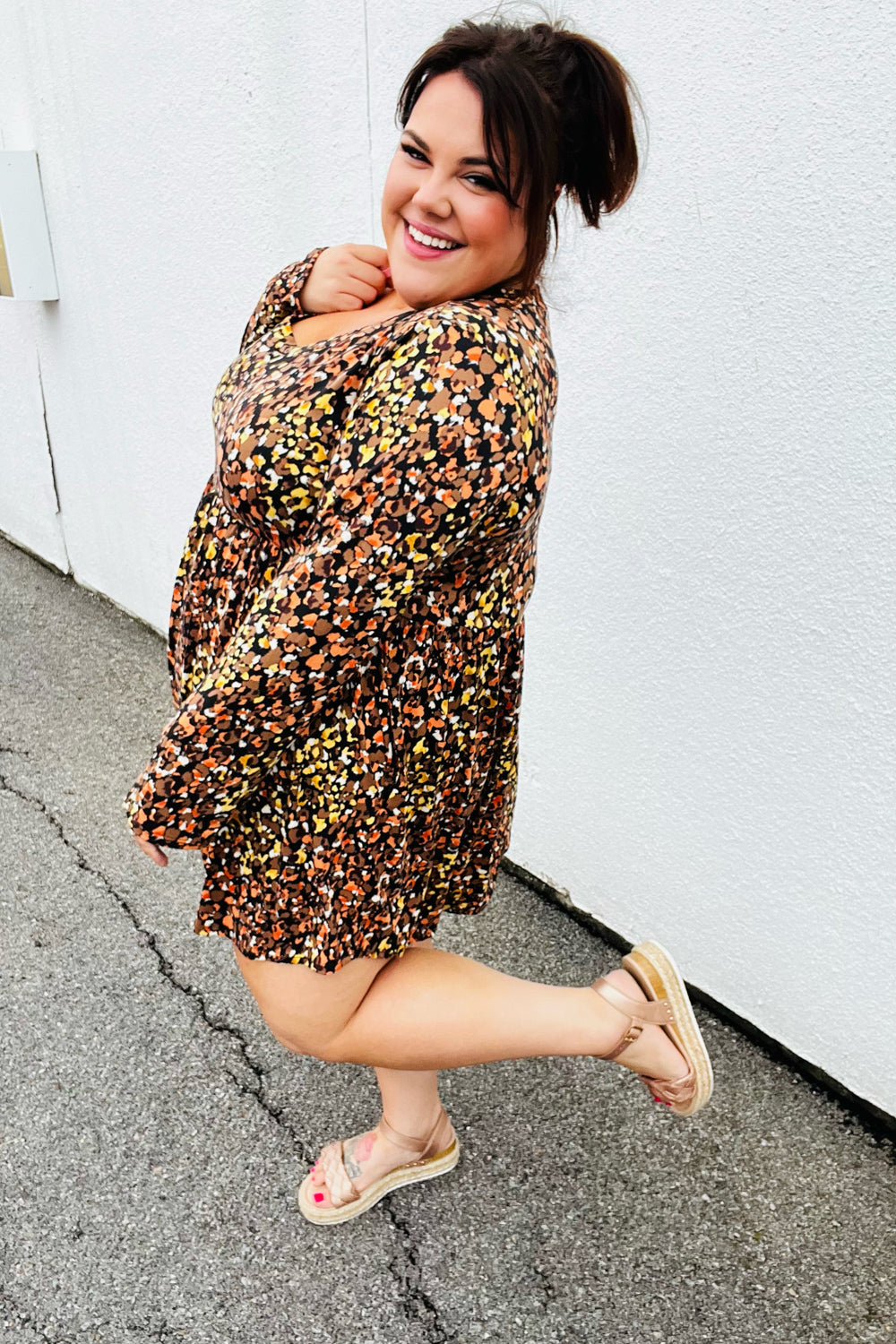 Mocha Leopard Long Sleeve Babydoll Dress