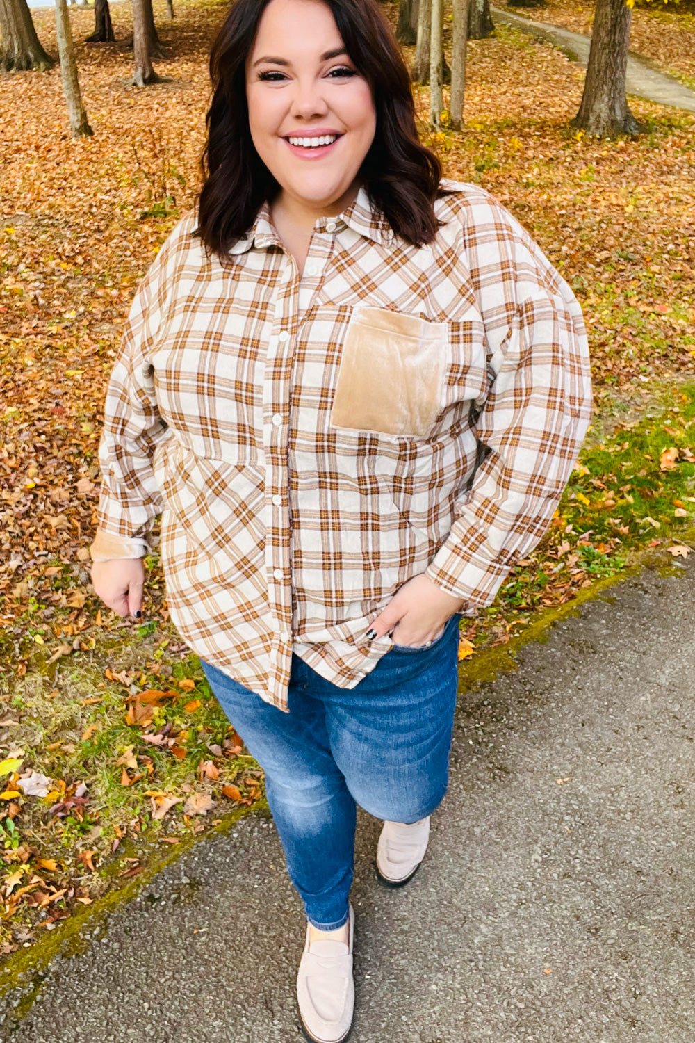 Eyes On You Taupe Plaid Velvet Pocket Button Down Top