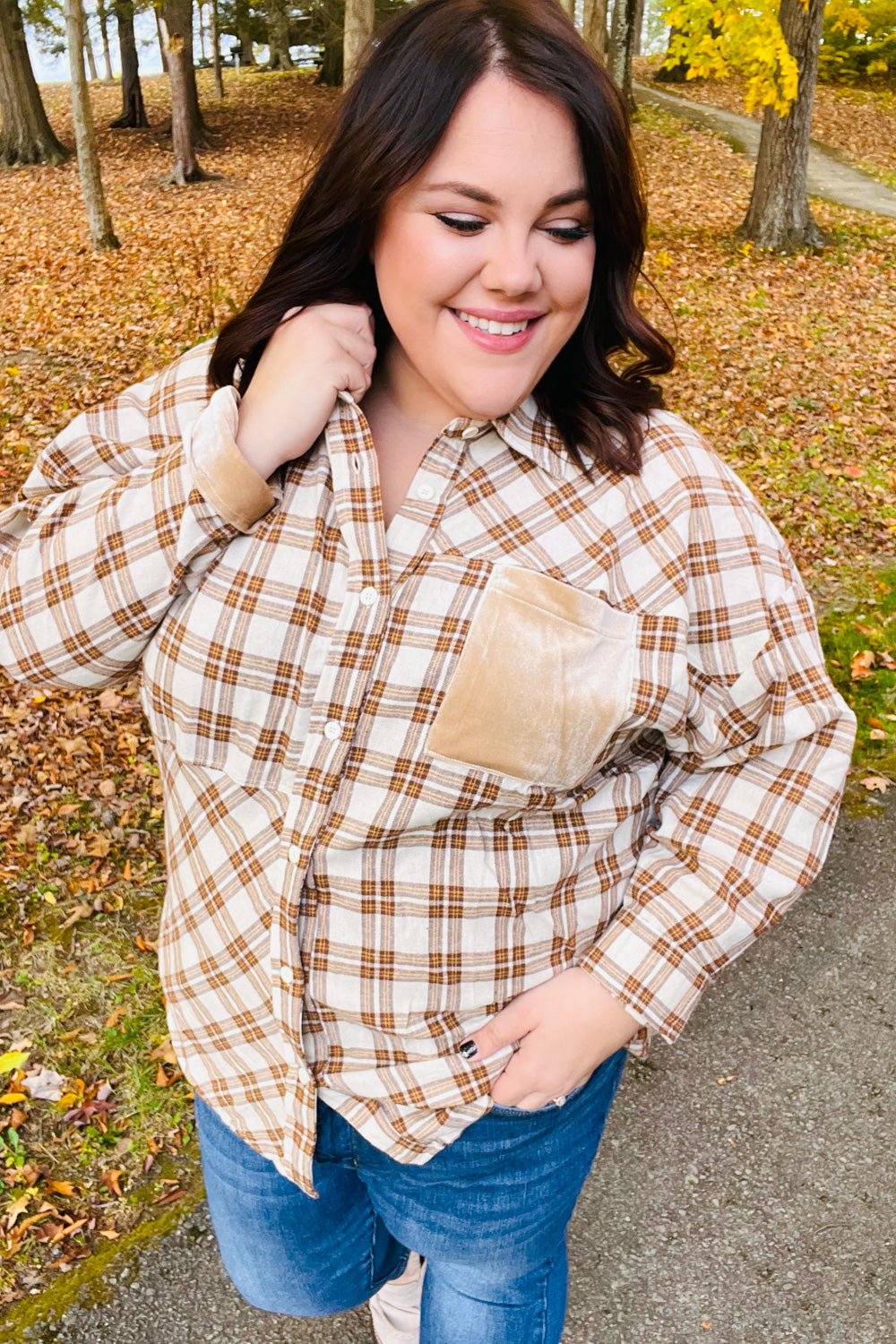 Eyes On You Taupe Plaid Velvet Pocket Button Down Top