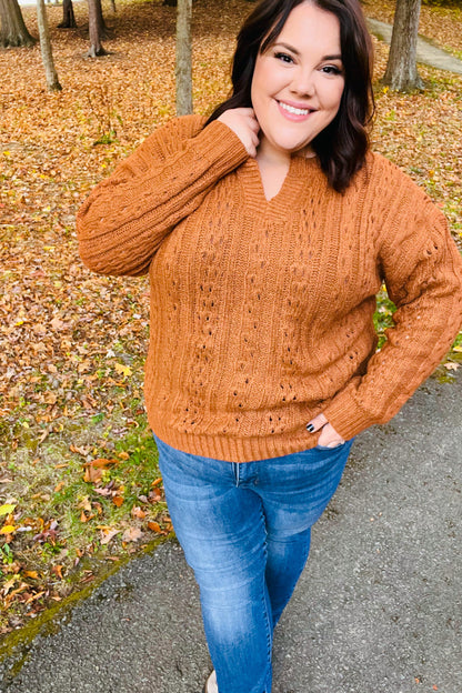 Can't Resist Rust Cable Knit Notched Neck Pullover Sweater