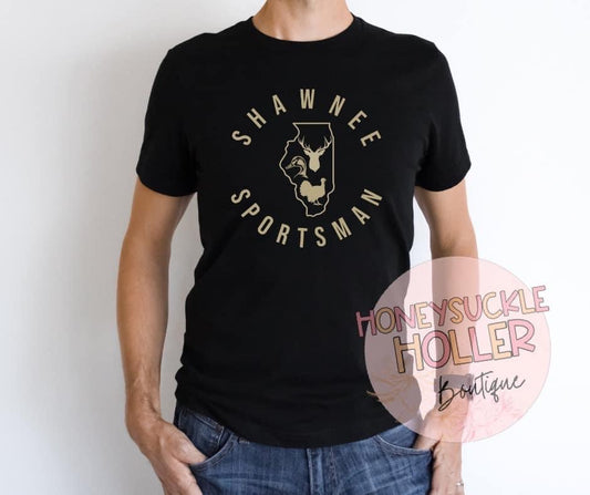 Shawnee Sportsman Illinois Tan Design on Black Shirt