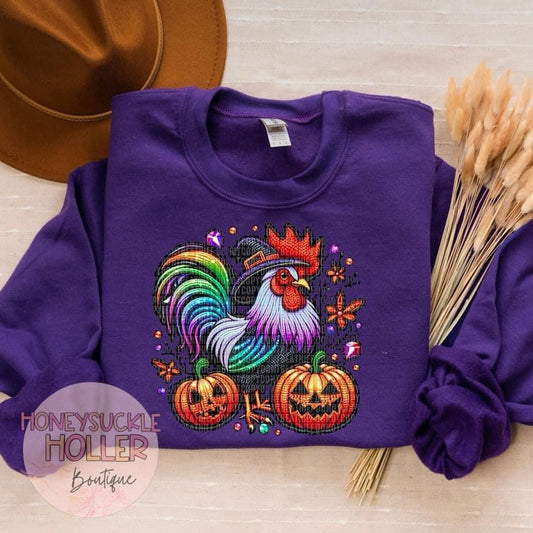 Faux Embroidery Halloween Rooster Double Jack O Lanters