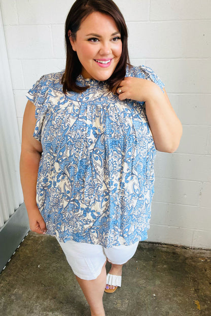 Blue & Ivory Paisley Mock Neck Flutter Sleeve Top