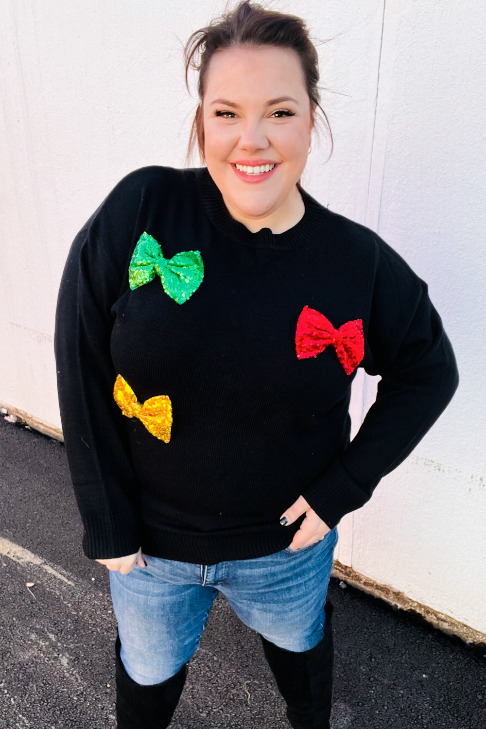 Be Merry Black Multicolor Sequin Bow Knit Sweater