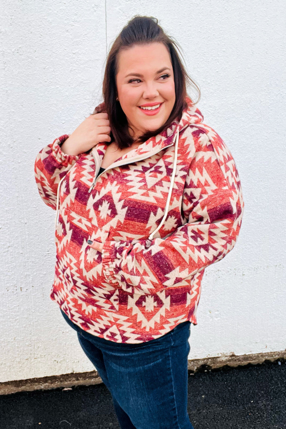 Fall For You Rust & Burgundy Aztec Half Zip High Neck Hoodie