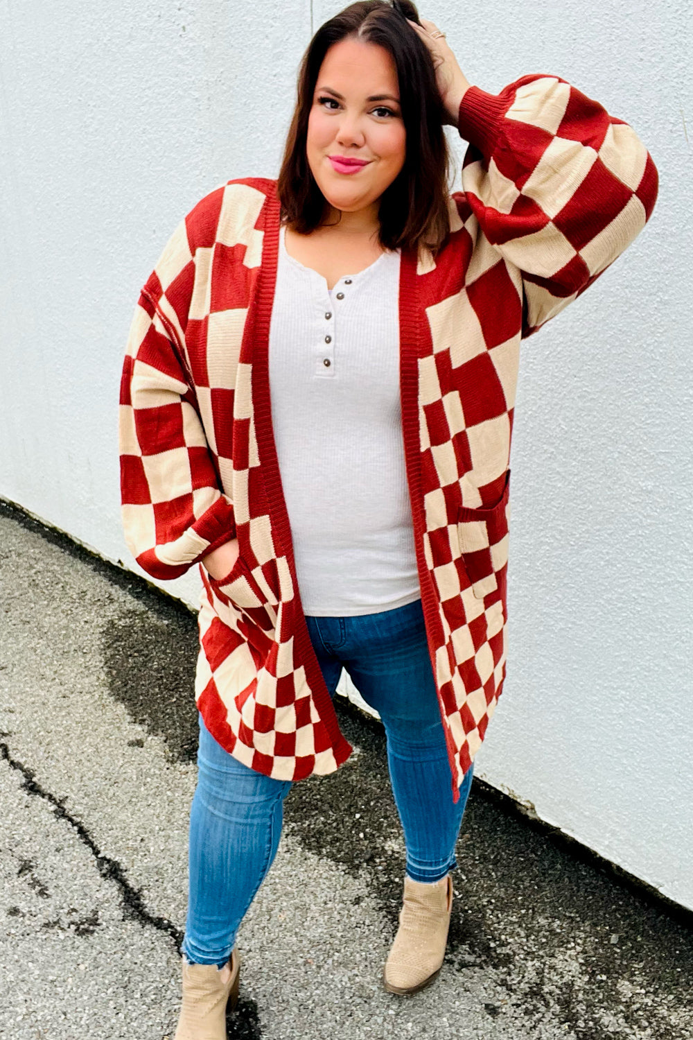 Can't Help But Love Rust Checkered Open Cardigan