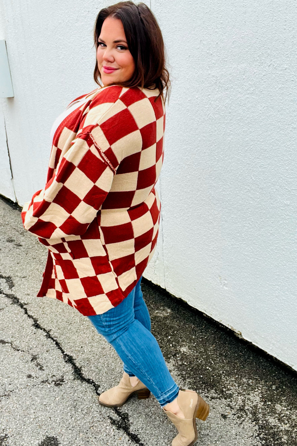 Can't Help But Love Rust Checkered Open Cardigan