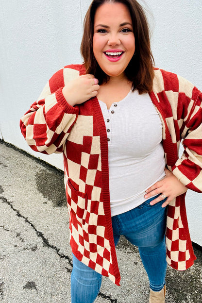 Can't Help But Love Rust Checkered Open Cardigan