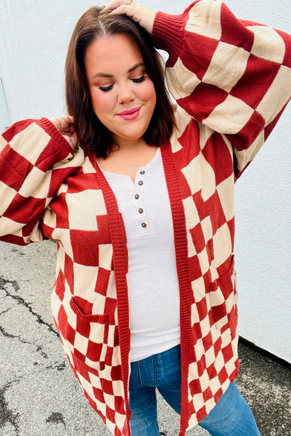 Can't Help But Love Rust Checkered Open Cardigan