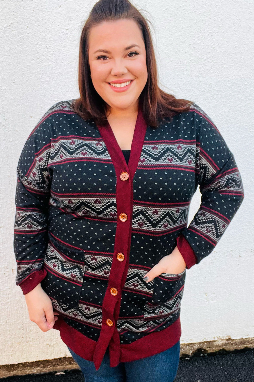 All Class Burgundy Holiday Print Button Cardigan