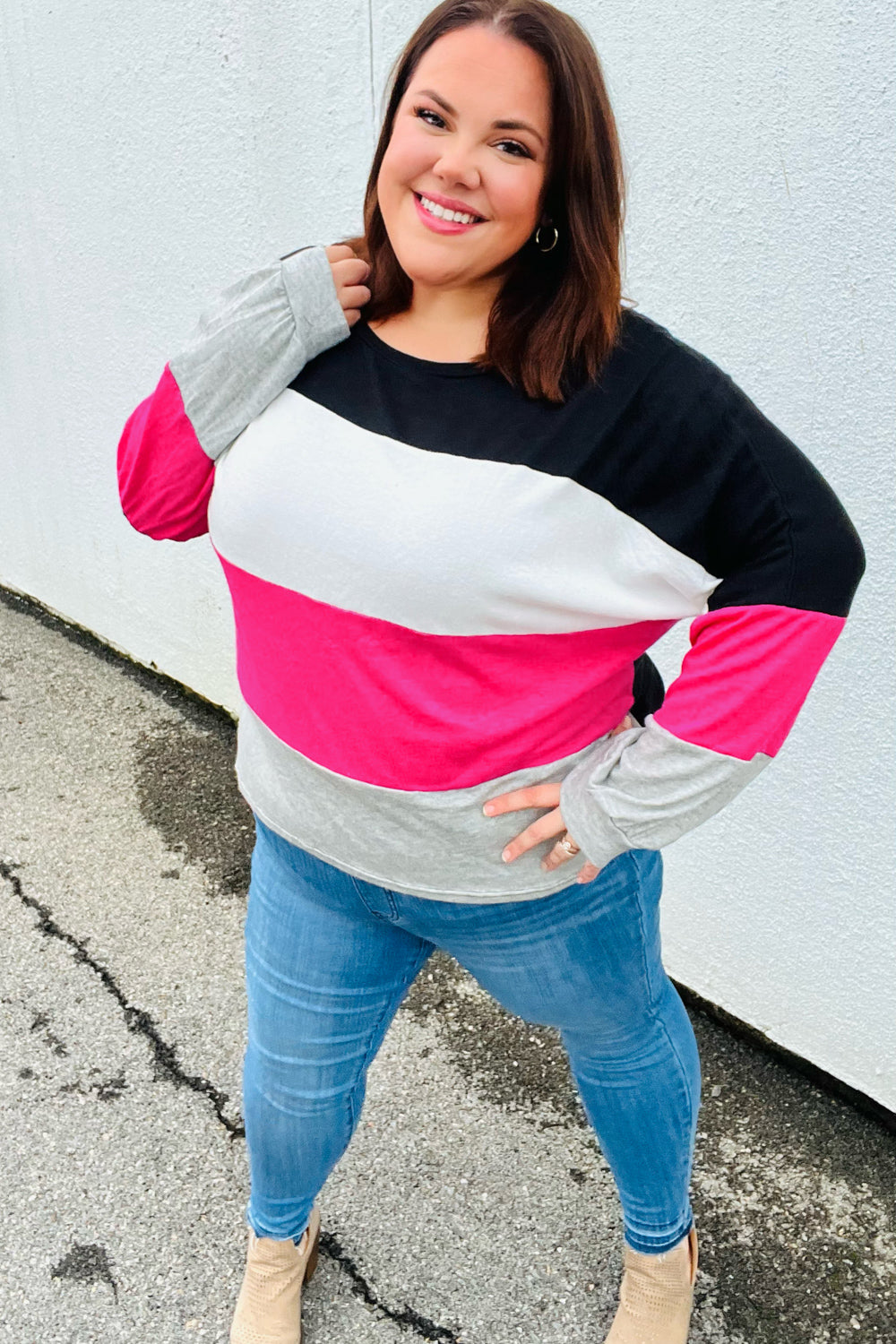 Fuchsia & Black Color Block Hacci Sweater Top