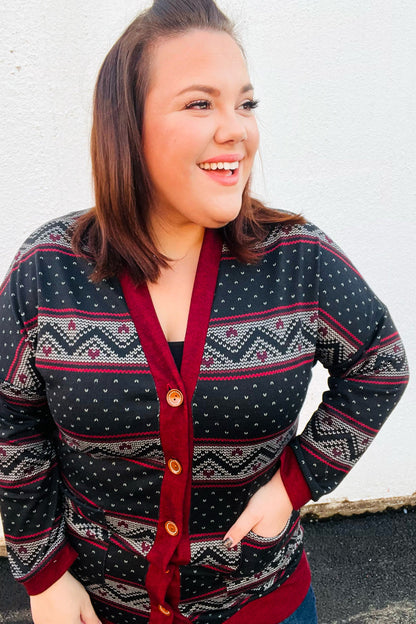 All Class Burgundy Holiday Print Button Cardigan