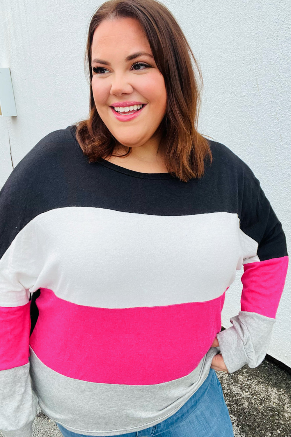 Fuchsia & Black Color Block Hacci Sweater Top