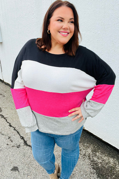 Fuchsia & Black Color Block Hacci Sweater Top