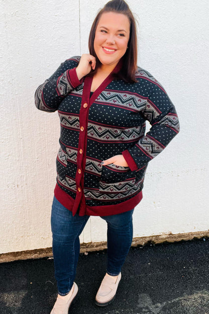 All Class Burgundy Holiday Print Button Cardigan