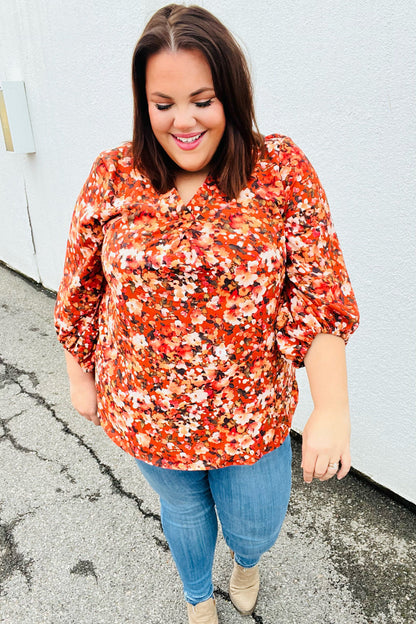 Rust Floral Print V Neck Woven Top