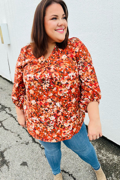 Rust Floral Print V Neck Woven Top