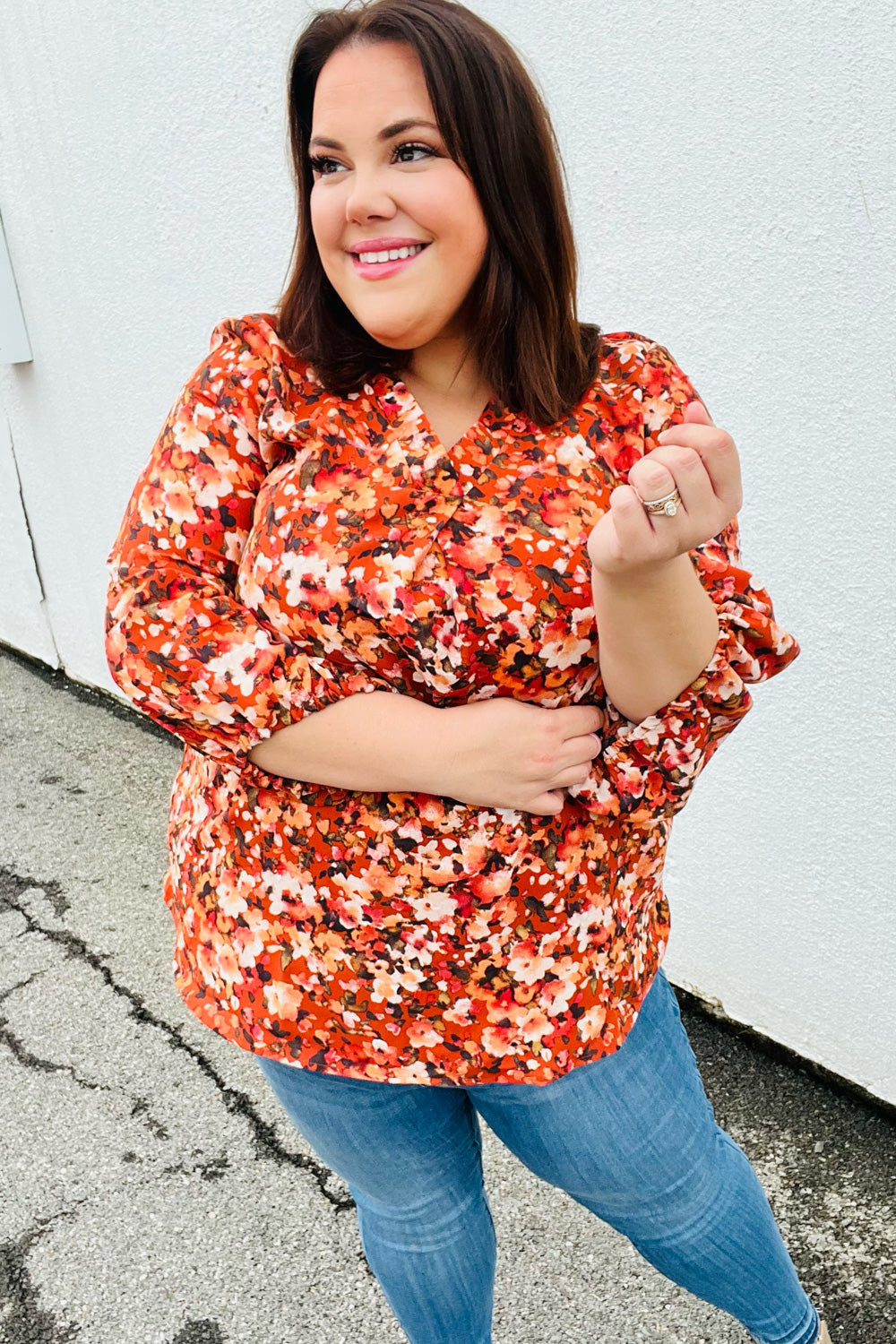 Rust Floral Print V Neck Woven Top