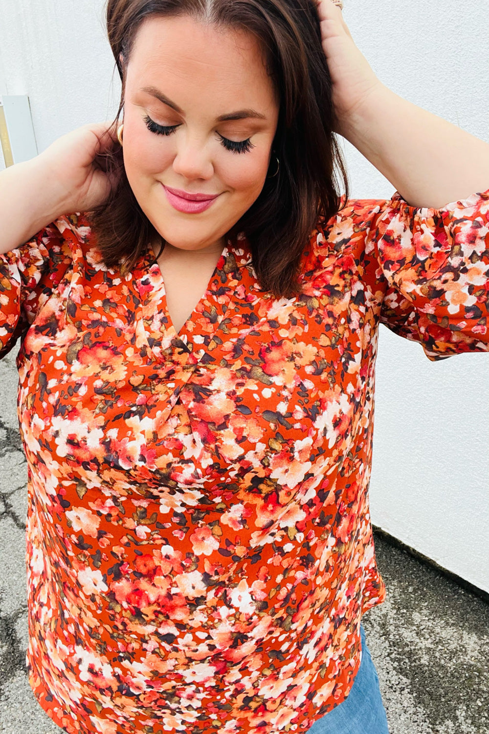 Rust Floral Print V Neck Woven Top