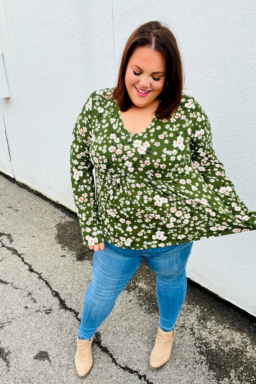 Olive Floral Print Babydoll Top