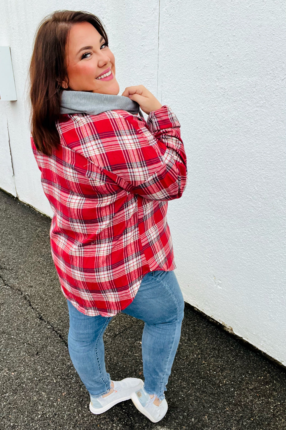 Face the Day Red/Navy Plaid Color Block Hoodie Shacket