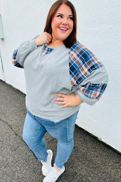 Face The Day Grey/Navy Plaid Thermal Raglan Pullover