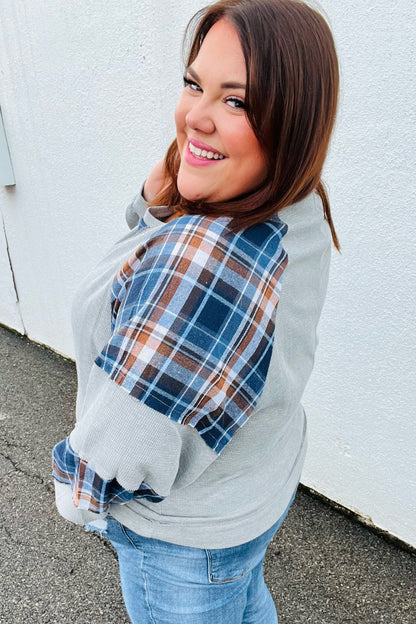 Face The Day Grey/Navy Plaid Thermal Raglan Pullover