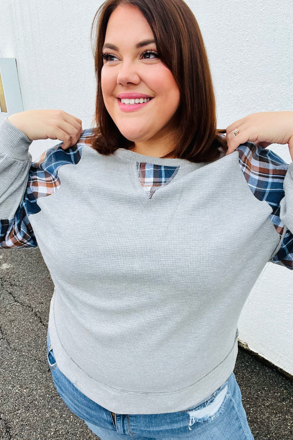 Face The Day Grey/Navy Plaid Thermal Raglan Pullover