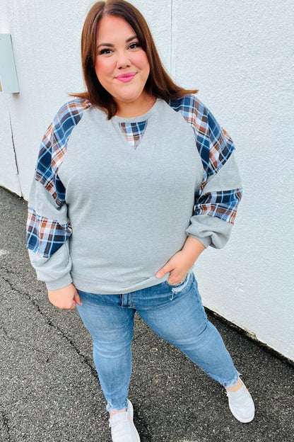 Face The Day Grey/Navy Plaid Thermal Raglan Pullover