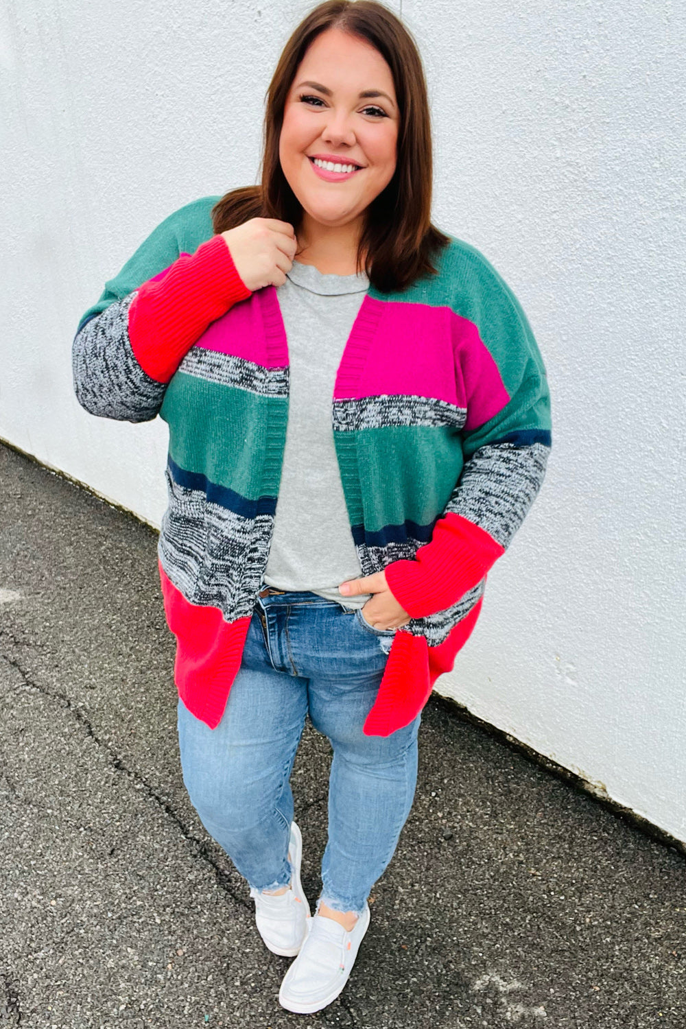 Face The Day Magenta & Hunter Green Two Tone Cardigan