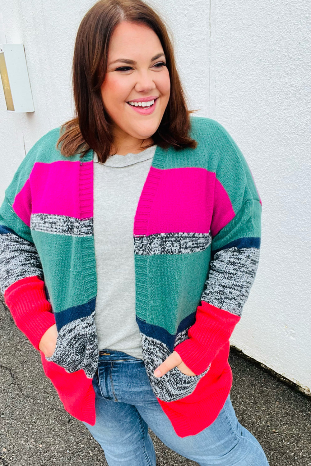 Face The Day Magenta & Hunter Green Two Tone Cardigan