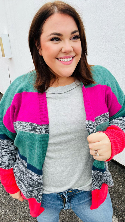 Face The Day Magenta & Hunter Green Two Tone Cardigan