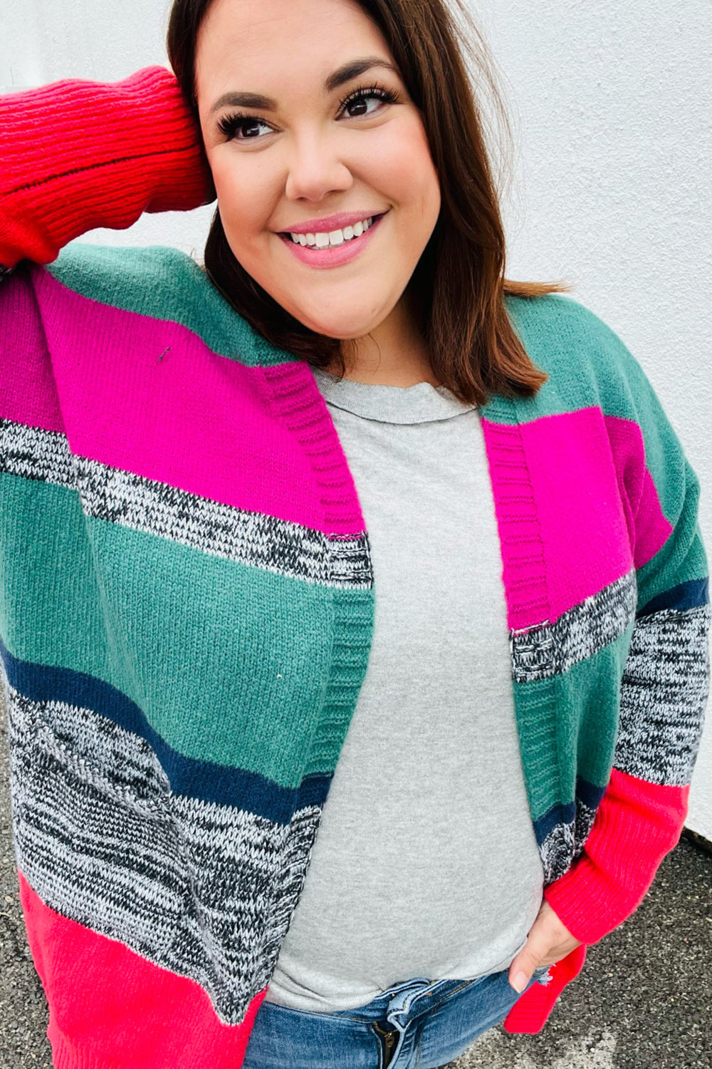 Face The Day Magenta & Hunter Green Two Tone Cardigan