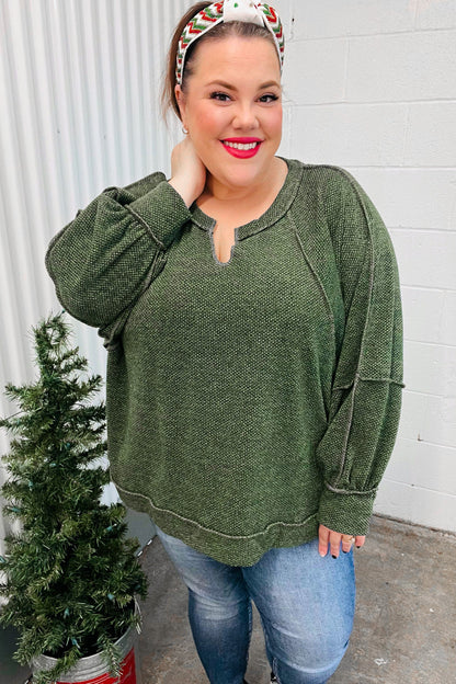 The Slouchy Olive Two Tone Knit Notched Raglan Top