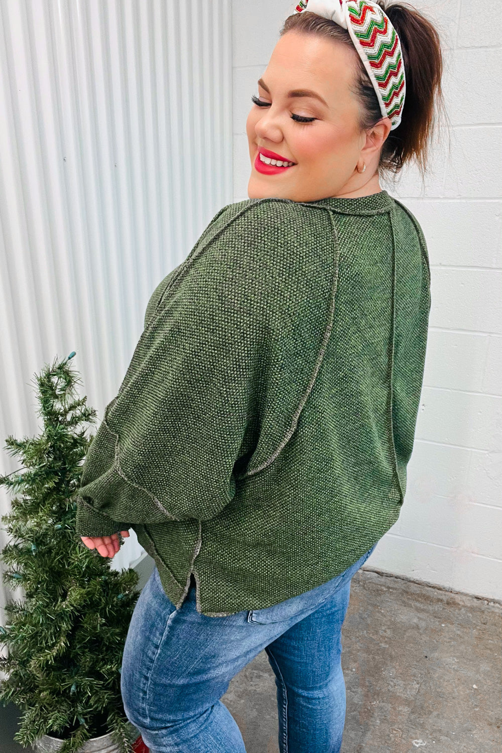 The Slouchy Olive Two Tone Knit Notched Raglan Top