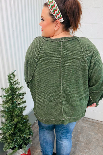 The Slouchy Olive Two Tone Knit Notched Raglan Top