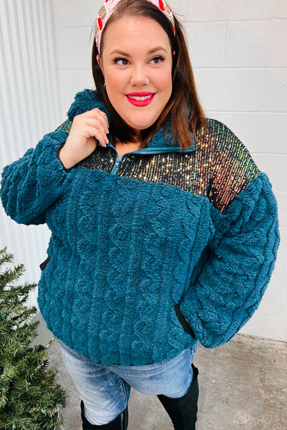 Going With You Teal Sequin & Sherpa Half Zip Pullover