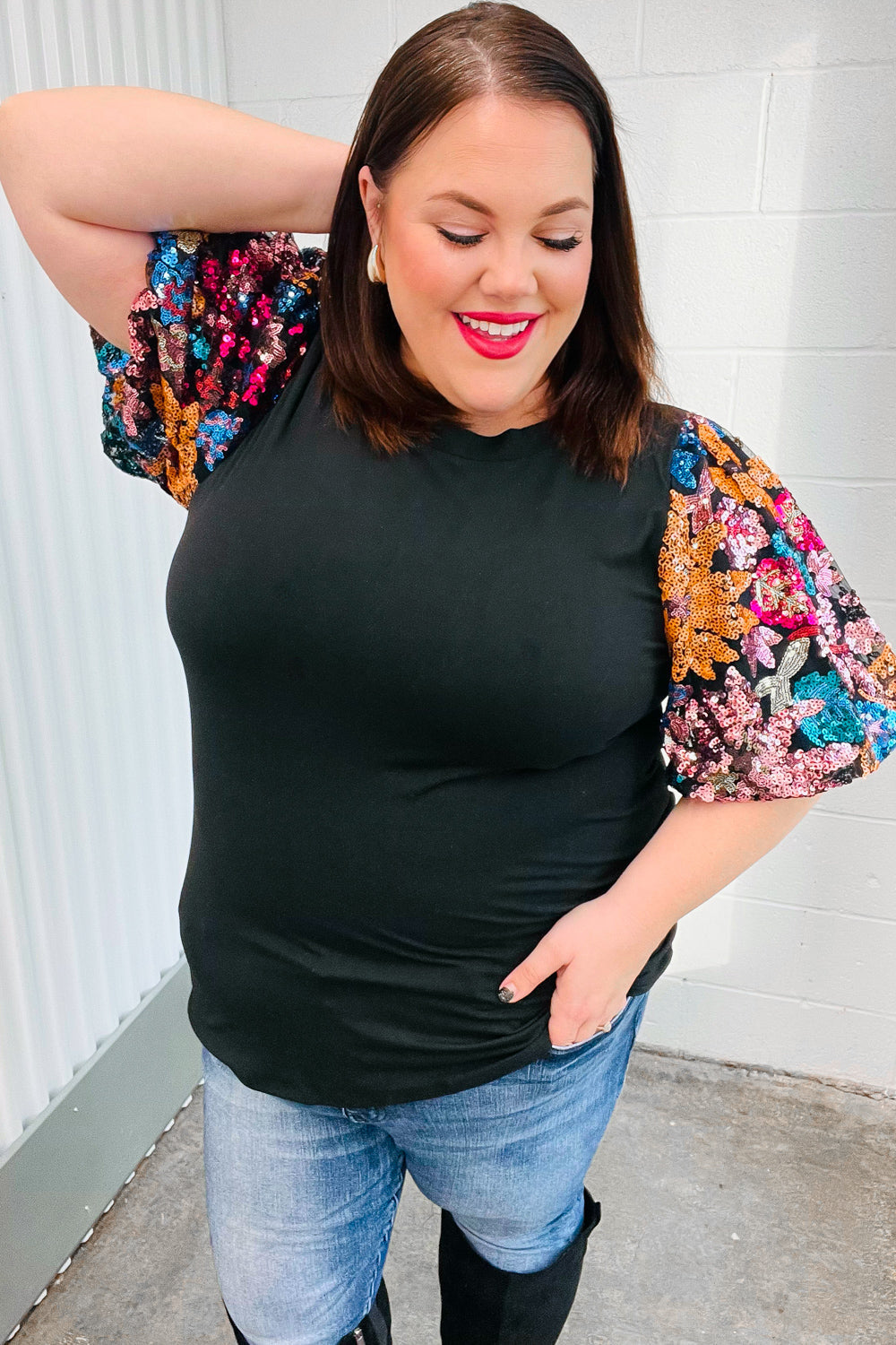 Glam Time Black Sequin Floral Puff Sleeve Top