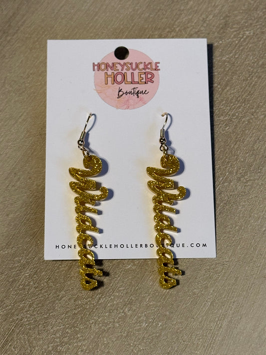 Gold Glitter Cursive Wildcats Earrings