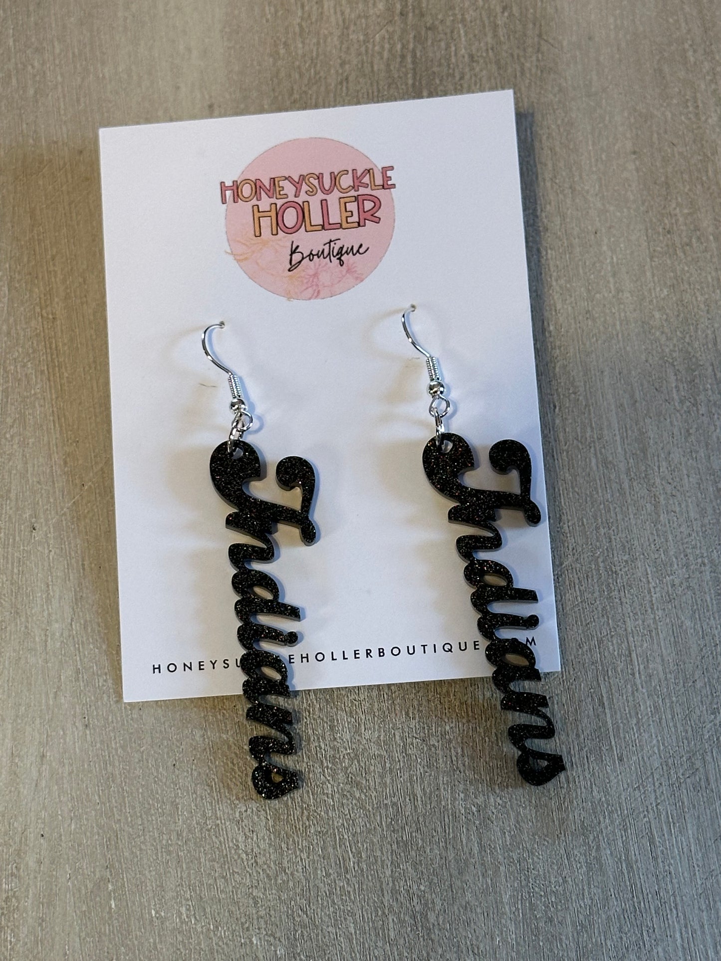 Black Glitter Cursive Indians Earrings