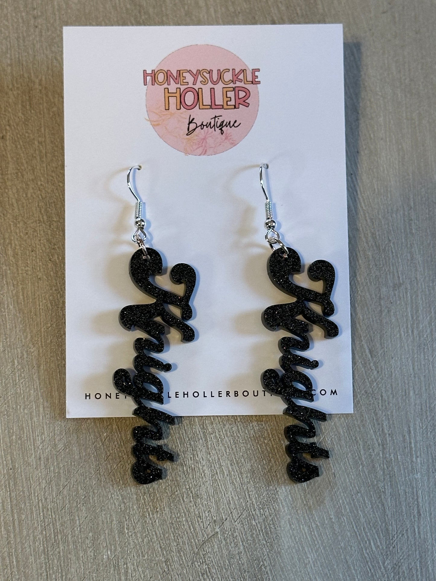 Black Glitter Cursive Knights Earrings