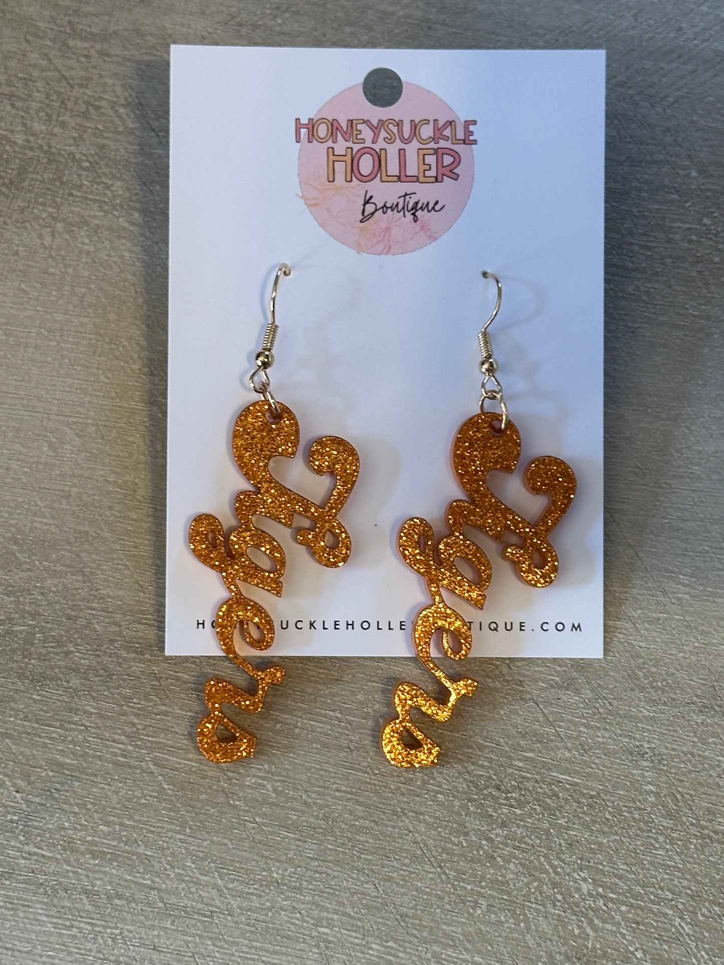 Orange Glitter Cursive Lions Earrings