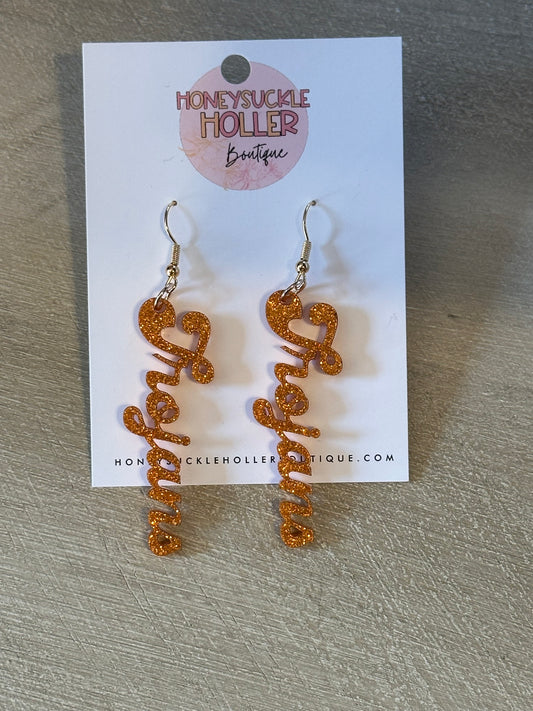 Orange Glitter Cursive Trojans Earrings