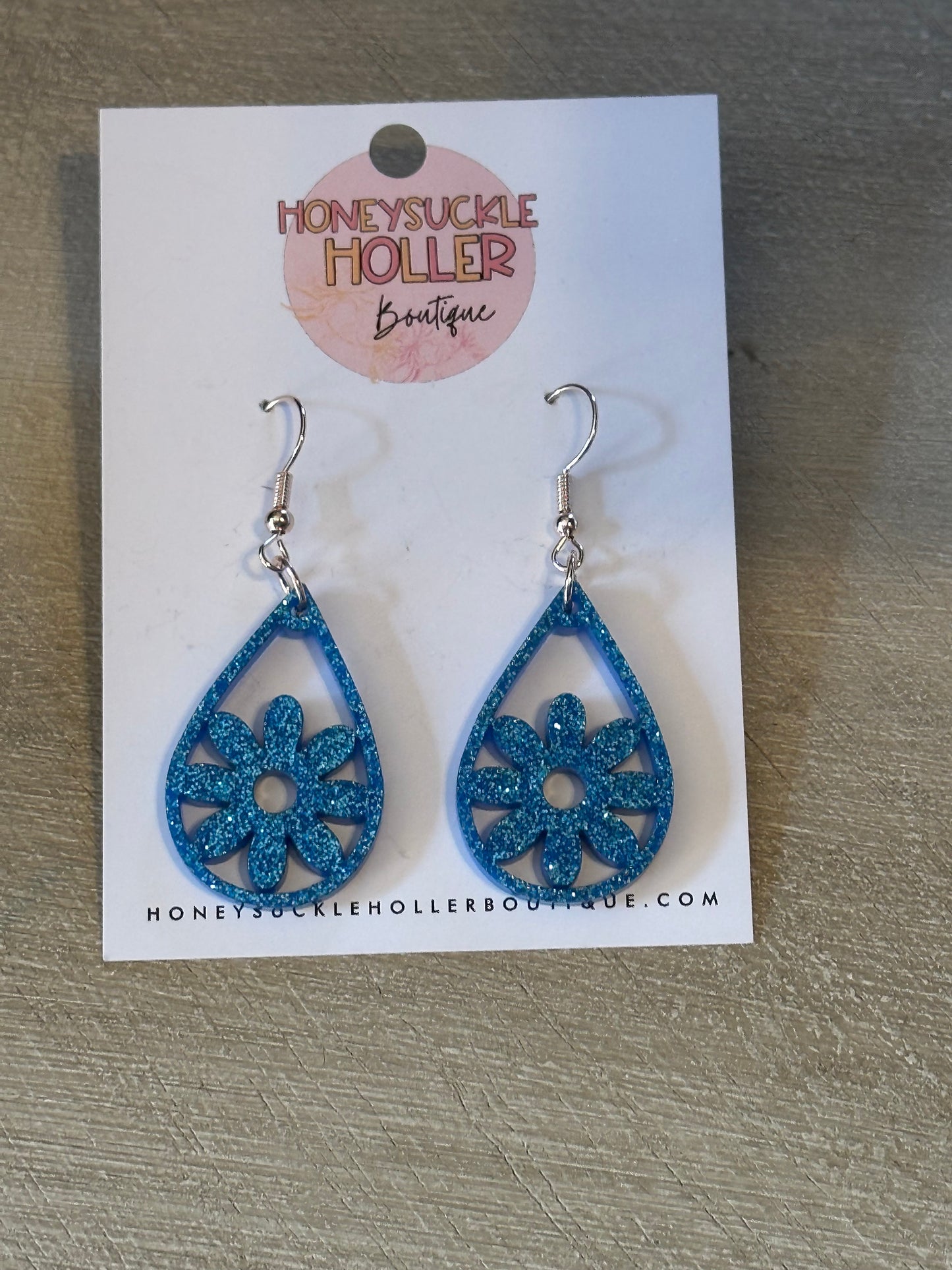 Blue Glitter Flower Teardrop Earrings