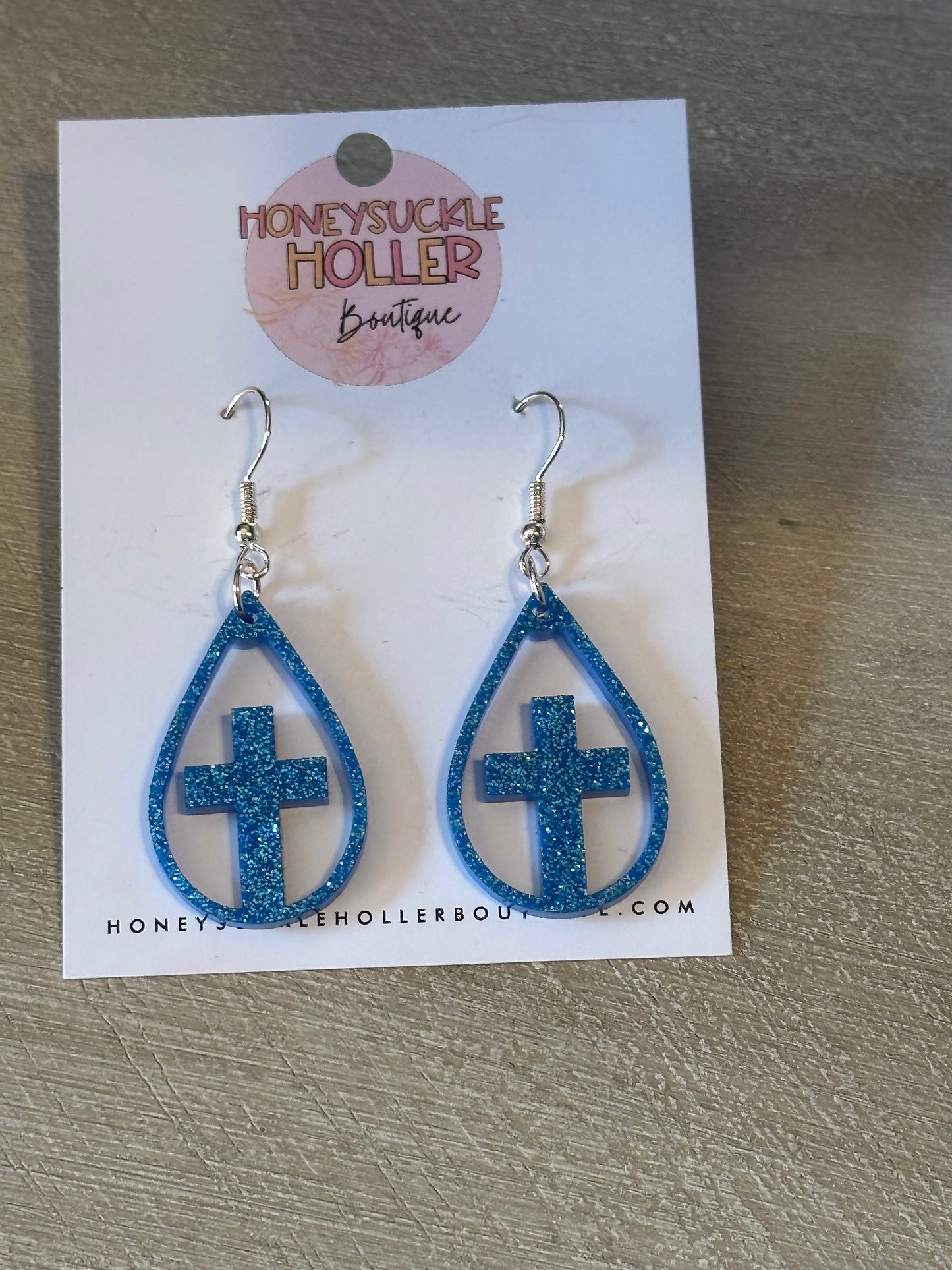 Blue Glitter Cross Teardrop Earrings