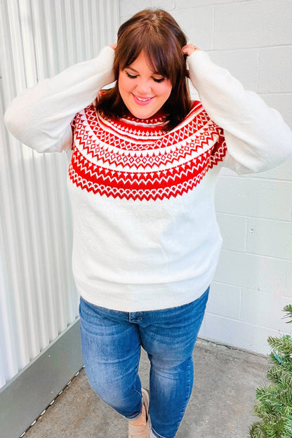 Feeling Festive Ivory & Red Fair Isle Mock Neck Sweater